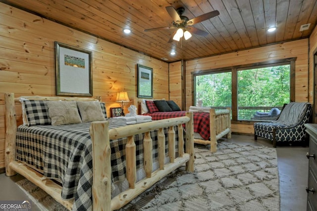 bedroom featuring wooden walls and wooden ceiling