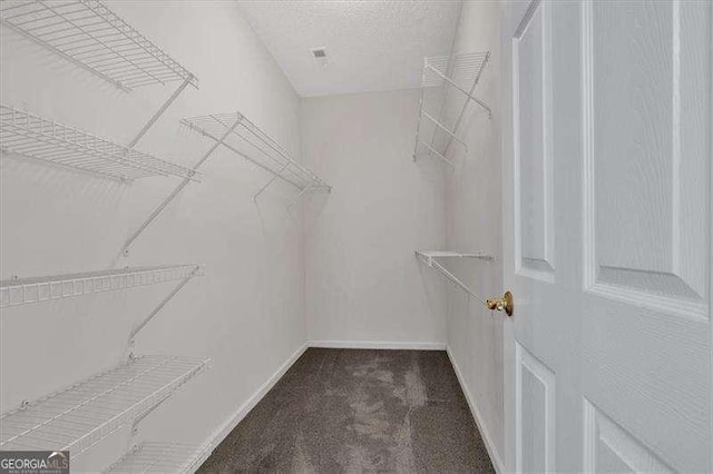 walk in closet with dark carpet