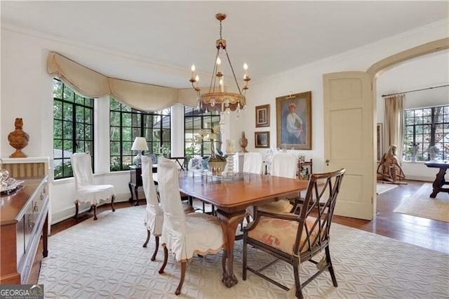 dining room with crown molding, an inviting chandelier, and hardwood / wood-style floors