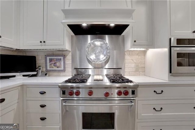 kitchen featuring white cabinetry, premium range hood, and appliances with stainless steel finishes