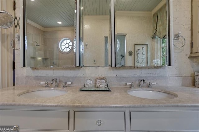 bathroom featuring crown molding, wood ceiling, and vanity