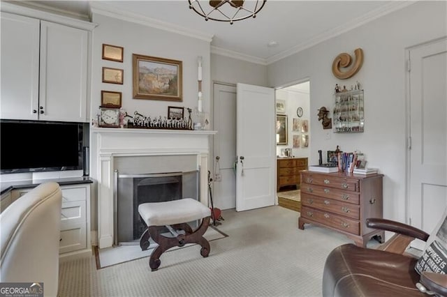 sitting room featuring crown molding and light carpet