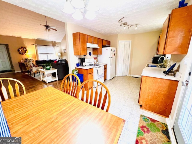 dining area featuring ceiling fan, lofted ceiling, sink, and a textured ceiling