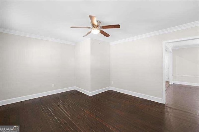 unfurnished room featuring dark hardwood / wood-style flooring, crown molding, and ceiling fan