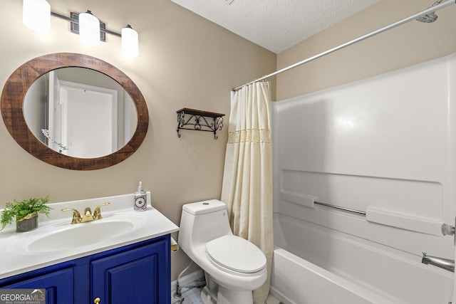 full bath featuring a textured ceiling, shower / bath combination with curtain, vanity, and toilet