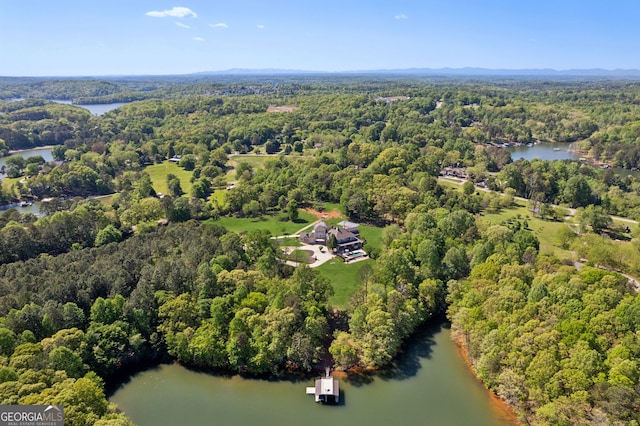 birds eye view of property with a water view and a wooded view