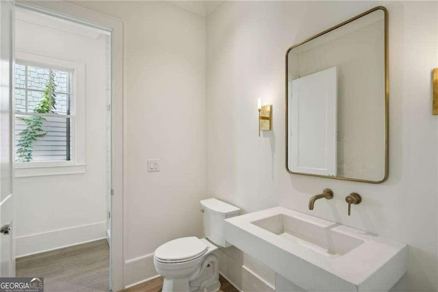 bathroom with hardwood / wood-style flooring, toilet, and sink