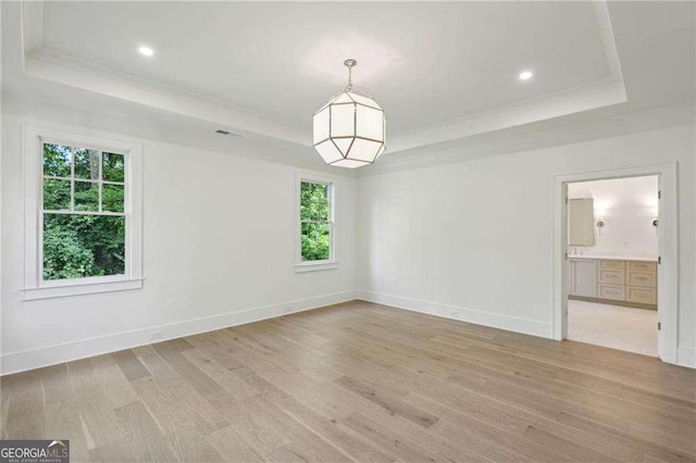 unfurnished room featuring crown molding, a raised ceiling, and light hardwood / wood-style flooring