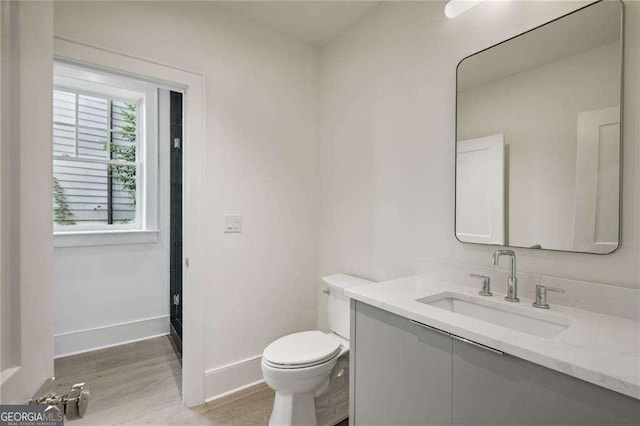 bathroom featuring vanity, wood-type flooring, and toilet