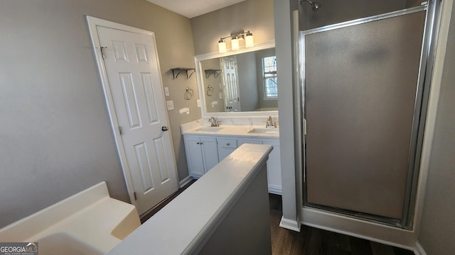 bathroom featuring vanity, hardwood / wood-style floors, and a shower with shower door