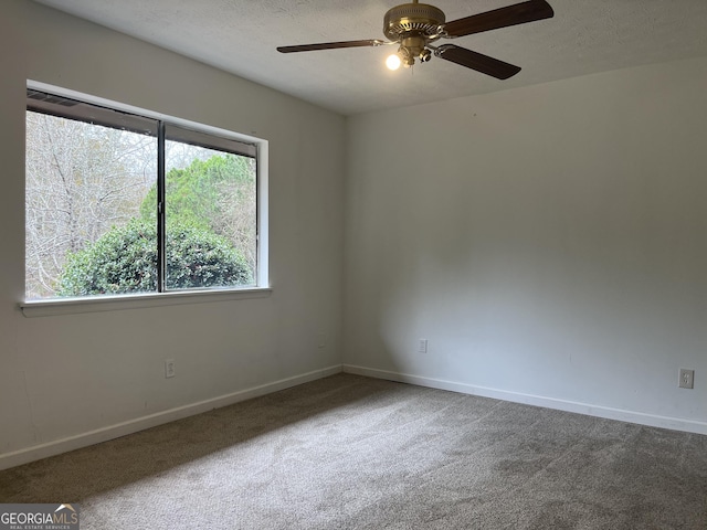 empty room featuring ceiling fan, carpet flooring, and a textured ceiling