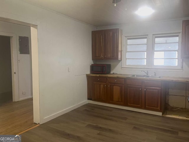 kitchen featuring ornamental molding, sink, electric panel, and dark hardwood / wood-style flooring