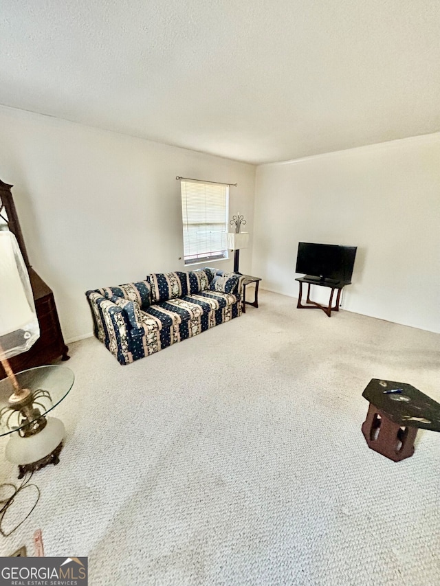 carpeted living room featuring a textured ceiling