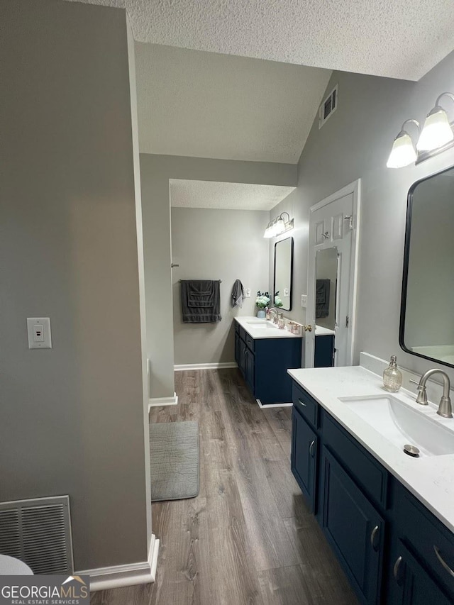 bathroom with vanity, vaulted ceiling, wood-type flooring, and a textured ceiling