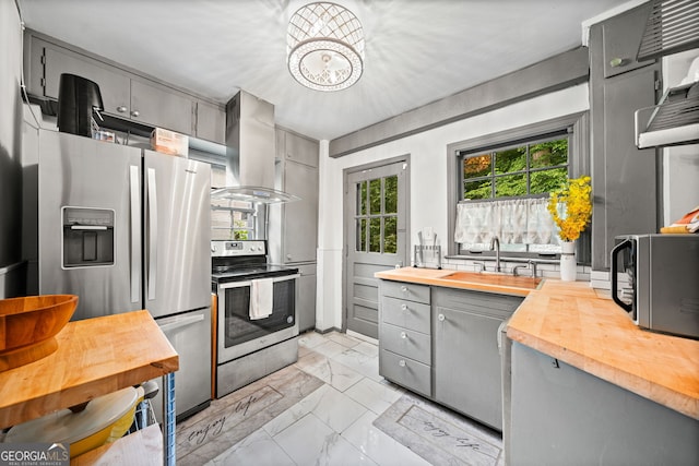 kitchen featuring sink, butcher block countertops, gray cabinetry, island range hood, and stainless steel appliances