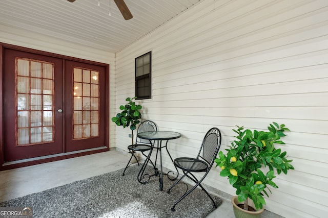 exterior space featuring french doors and ceiling fan