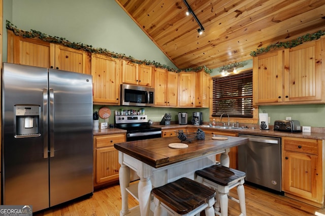 kitchen with vaulted ceiling, sink, light hardwood / wood-style floors, stainless steel appliances, and wooden ceiling