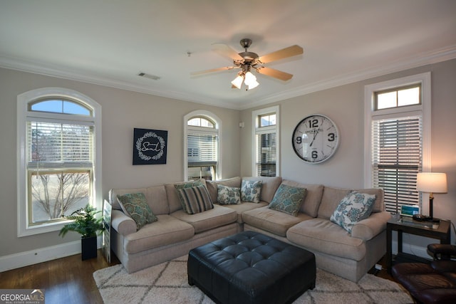6422 Paulson, Atlanta, GA 30328 - living area with baseboards, visible vents, a ceiling fan, ornamental molding, and wood finished floors