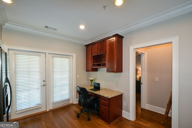 6422 Paulson, Atlanta, GA 30328 - office area featuring dark wood-type flooring, visible vents, ornamental molding, and baseboards