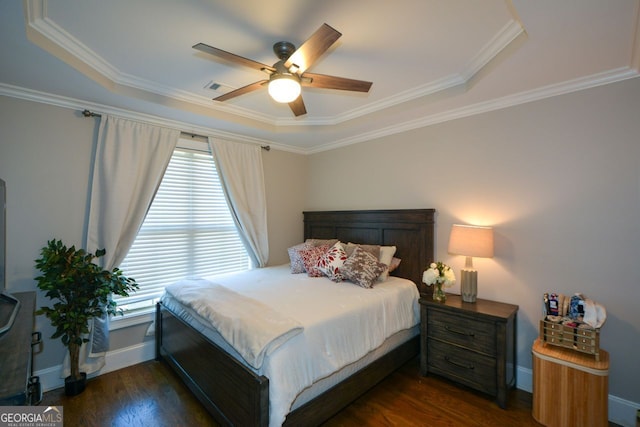 6422 Paulson, Atlanta, GA 30328 - bedroom with visible vents, a ceiling fan, baseboards, dark wood-style floors, and crown molding