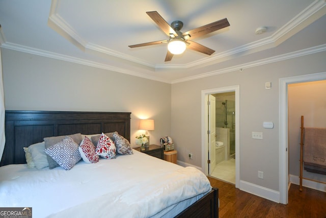 6422 Paulson, Atlanta, GA 30328 - bedroom featuring baseboards, a ceiling fan, connected bathroom, dark wood-type flooring, and crown molding