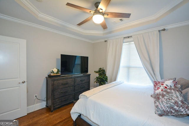 6422 Paulson, Atlanta, GA 30328 - bedroom with baseboards, visible vents, ceiling fan, wood finished floors, and crown molding