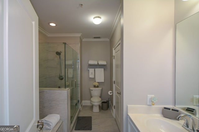 6422 Paulson, Atlanta, GA 30328 - full bath with toilet, vanity, visible vents, ornamental molding, and a shower stall