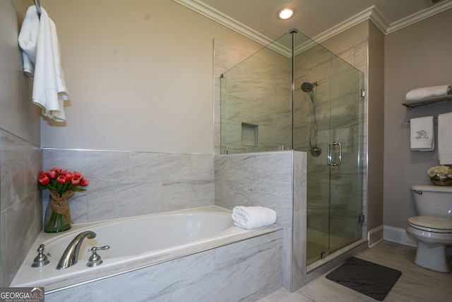 6422 Paulson, Atlanta, GA 30328 - bathroom with a bath, a shower stall, toilet, and crown molding