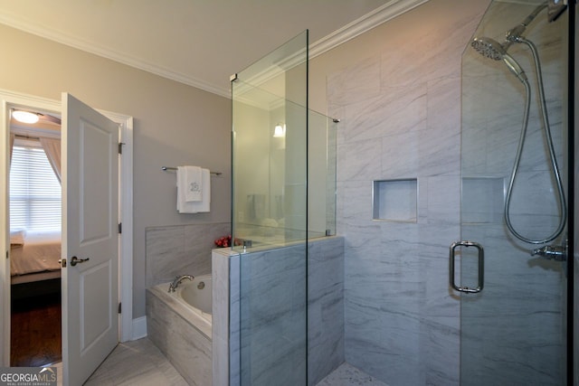 6422 Paulson, Atlanta, GA 30328 - bathroom with connected bathroom, a garden tub, crown molding, and a shower stall
