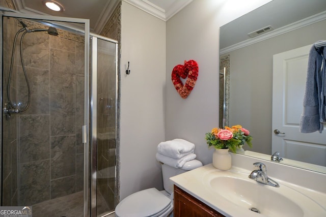 6422 Paulson, Atlanta, GA 30328 - full bath featuring a stall shower, visible vents, toilet, crown molding, and vanity