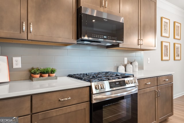 kitchen with tasteful backsplash, ornamental molding, light hardwood / wood-style flooring, and stainless steel appliances