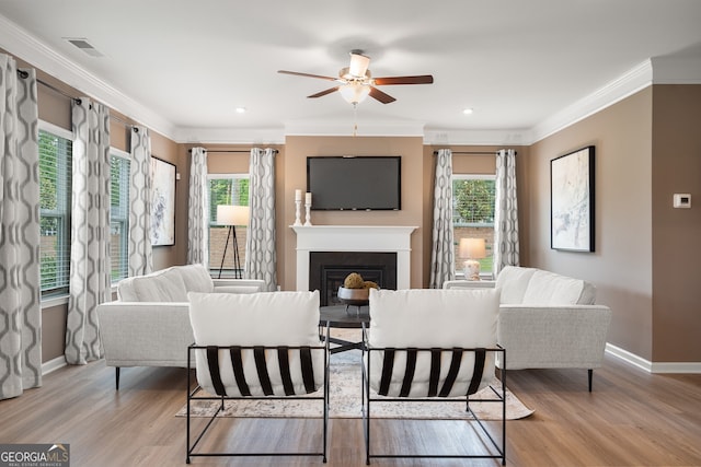 living room with ceiling fan, ornamental molding, and light hardwood / wood-style floors