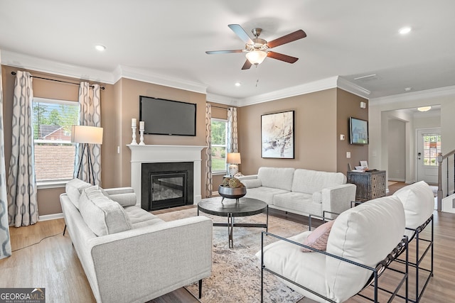 living room featuring ceiling fan, ornamental molding, a healthy amount of sunlight, and light wood-type flooring