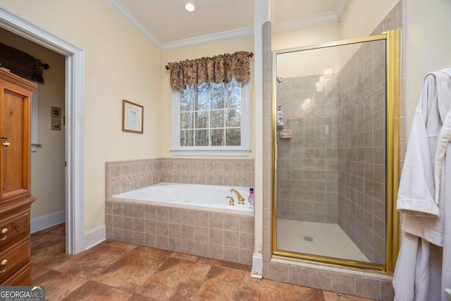 bathroom with independent shower and bath and ornamental molding