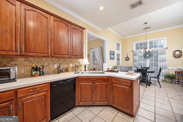 kitchen with decorative light fixtures, sink, black dishwasher, a notable chandelier, and kitchen peninsula