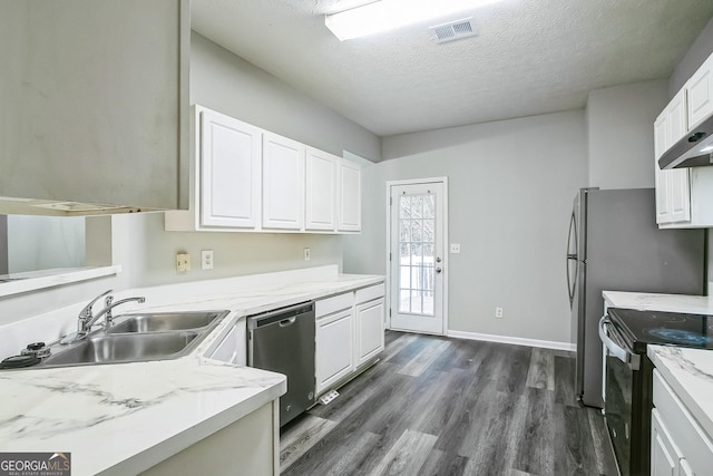 kitchen with range with electric cooktop, white cabinetry, sink, stainless steel dishwasher, and dark wood-type flooring