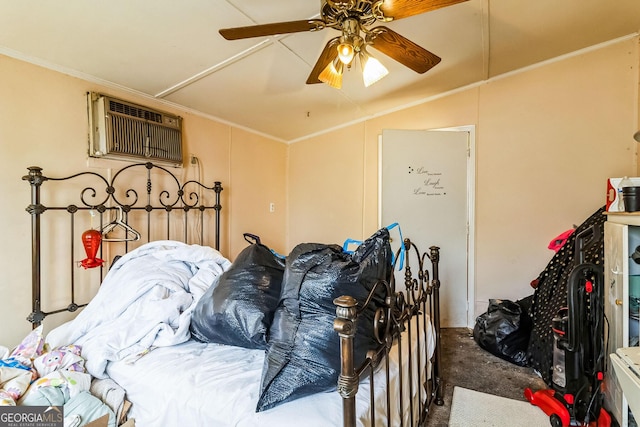 carpeted bedroom featuring ceiling fan, ornamental molding, a wall unit AC, and lofted ceiling