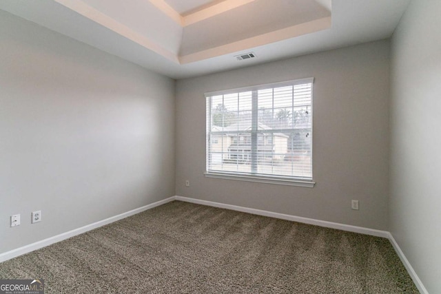 empty room featuring a tray ceiling and carpet