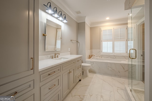 bathroom featuring vanity, ornamental molding, and plus walk in shower