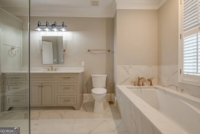 bathroom with ornamental molding, tiled bath, vanity, and toilet