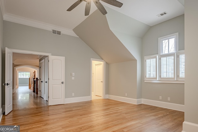 additional living space with ceiling fan, lofted ceiling, and light hardwood / wood-style floors