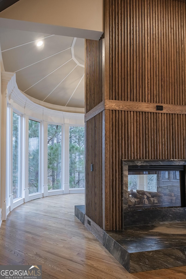 details featuring wood-type flooring and a multi sided fireplace