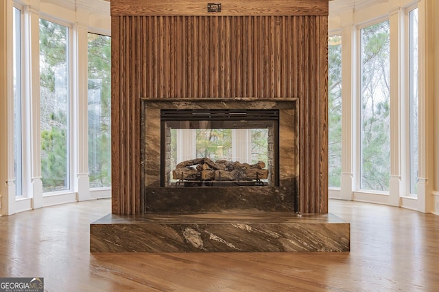 interior details featuring a multi sided fireplace and hardwood / wood-style floors