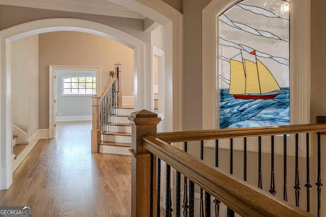 hall featuring ornamental molding and light hardwood / wood-style floors