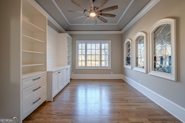 unfurnished dining area with crown molding, ceiling fan, light hardwood / wood-style floors, and a tray ceiling