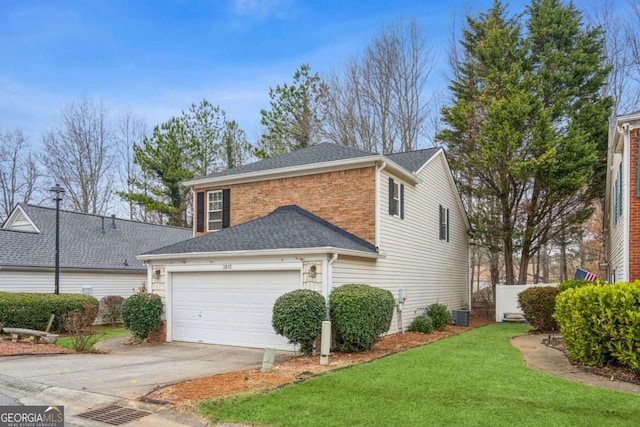 view of home's exterior with a garage, a shingled roof, central AC unit, concrete driveway, and a yard