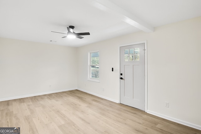 foyer featuring beam ceiling, ceiling fan, and light hardwood / wood-style floors