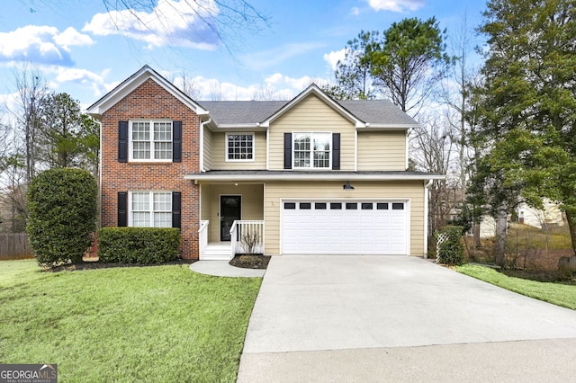 front of property with a garage and a front lawn