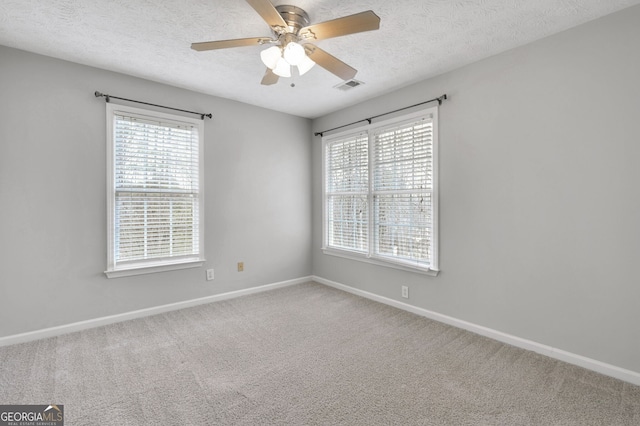 carpeted spare room featuring ceiling fan, plenty of natural light, and a textured ceiling