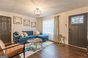 living room with an inviting chandelier, dark hardwood / wood-style floors, and a healthy amount of sunlight